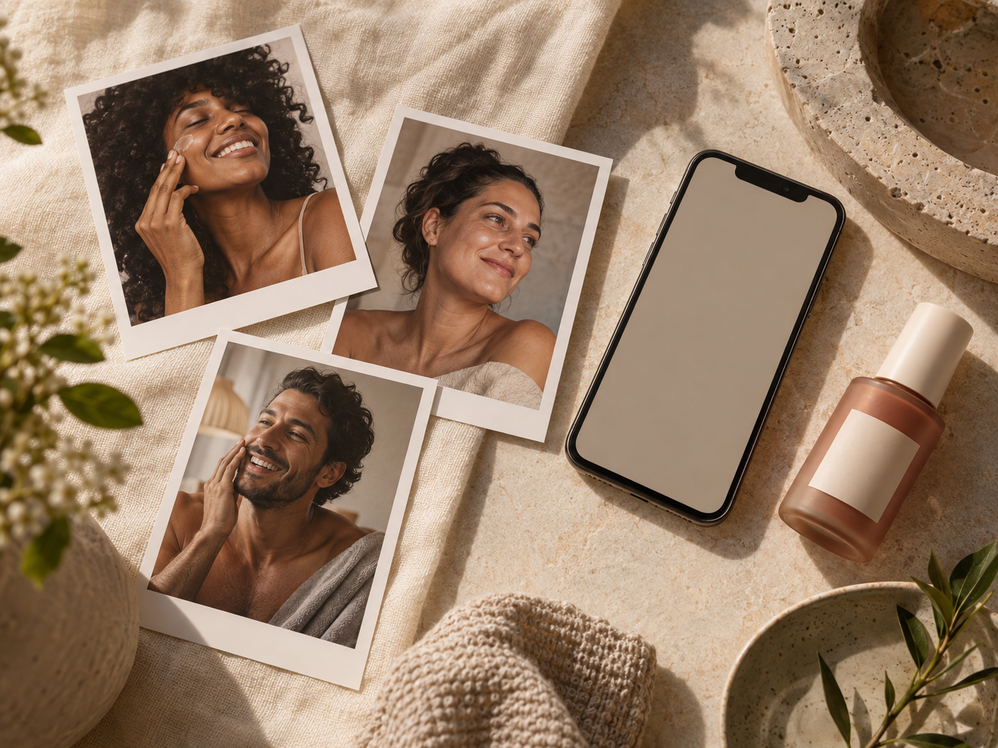 Retratos de pessoas em rotinas de beleza ao lado de celular